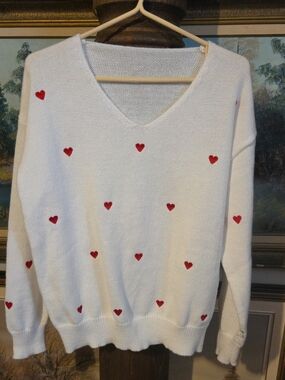 White V-Neck Sweater with Red Heart Accent